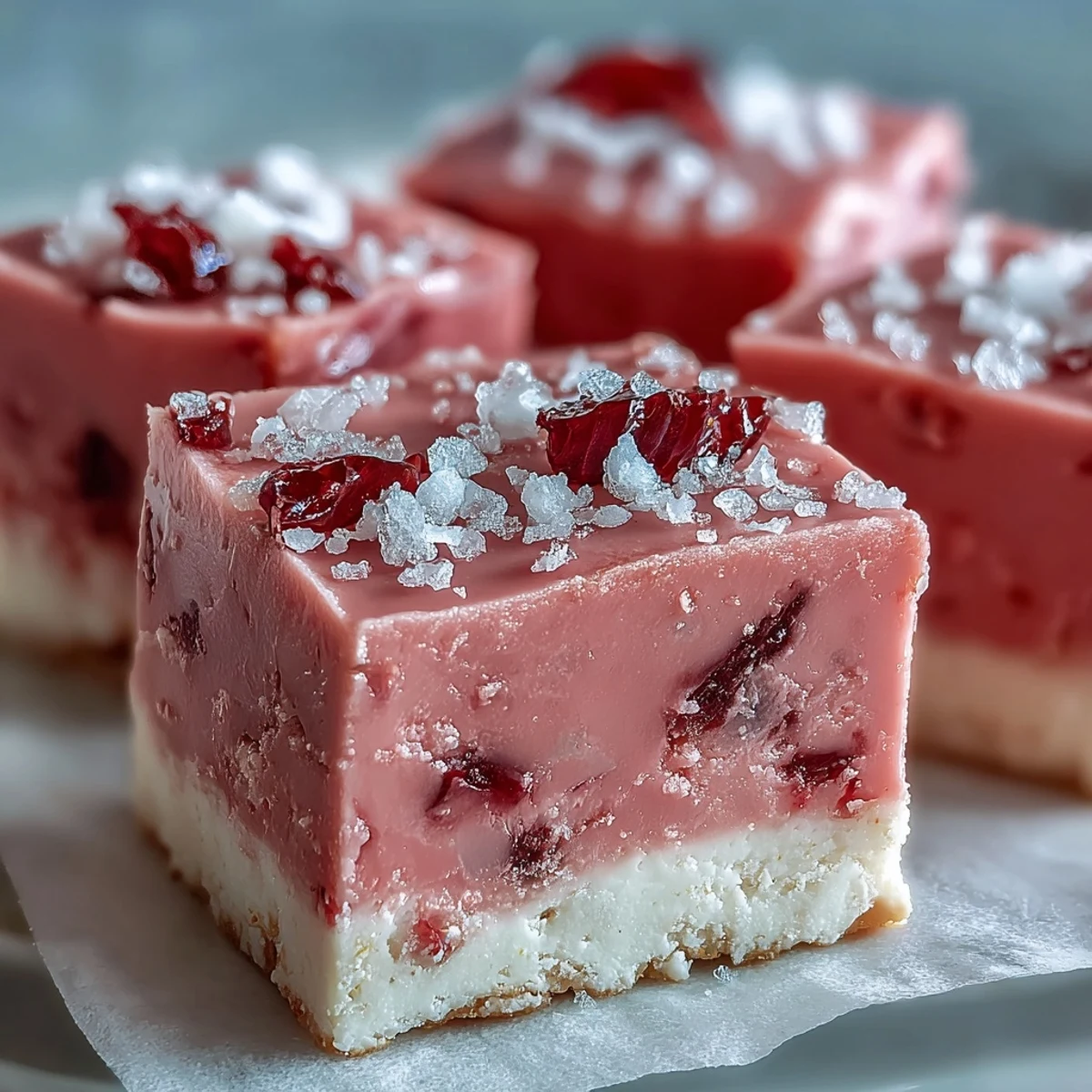 Two no-bake strawberry fudge squares sit on a white plate with a drizzle of white chocolate and a dusting of crushed graham crackers.  