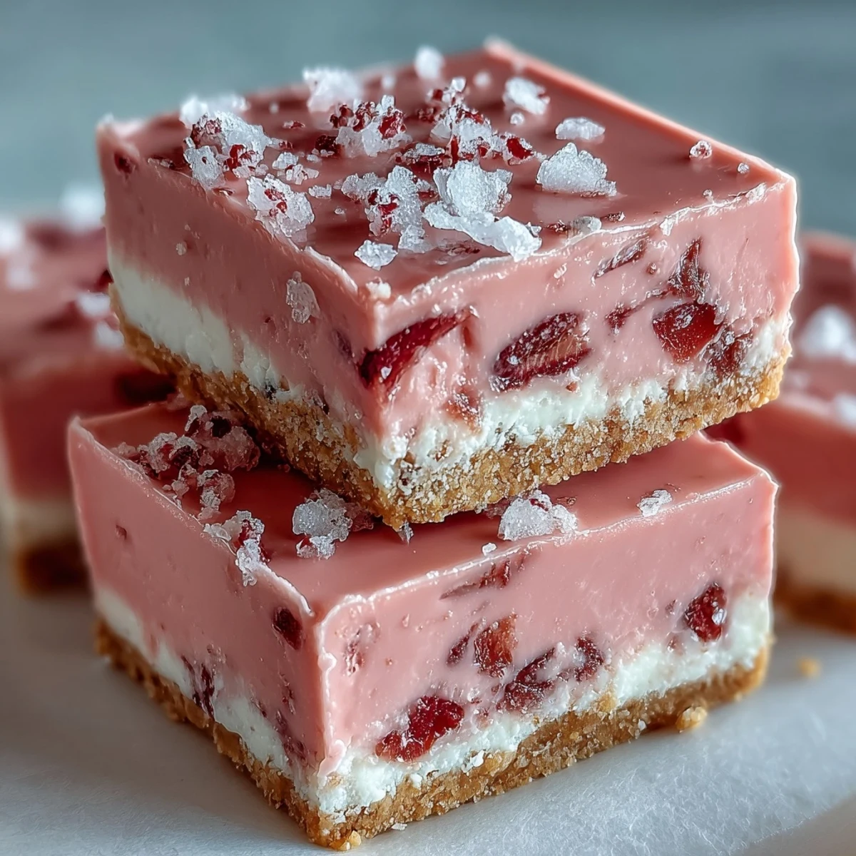 A macro view of no-bake strawberry fudge squares highlights the glossy pink fudge and crunchy graham cracker base, perfect for summer gatherings.