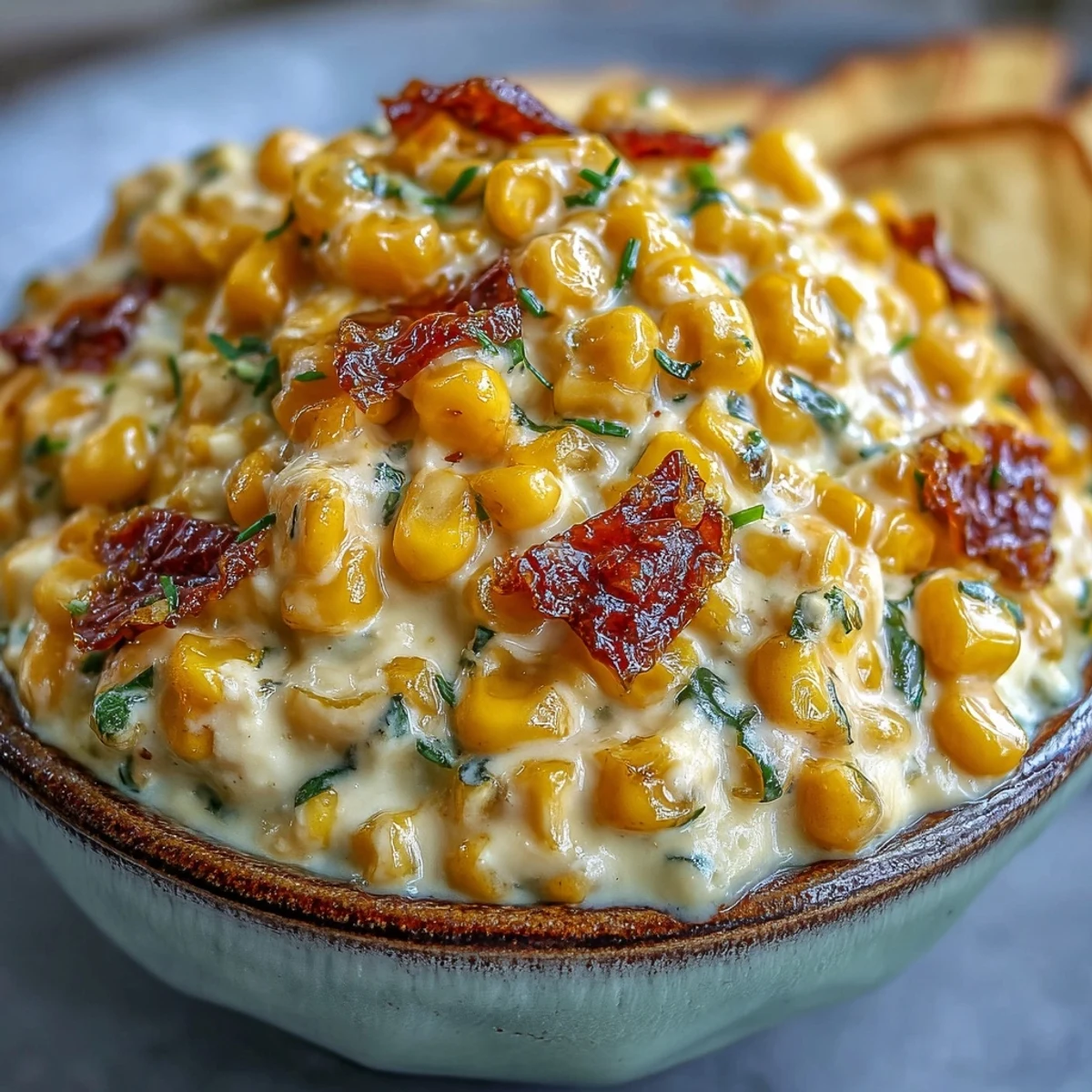 Warm Crack Corn Dip in a ceramic bowl, surrounded by crisp tortilla chips for dipping.