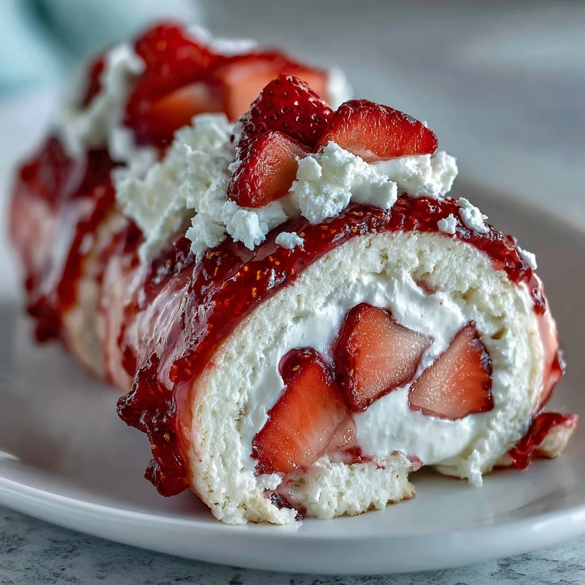 Close-up of Strawberry Shortcake Sushi Roll slices on a platter, showing creamy filling and bright strawberry pieces.