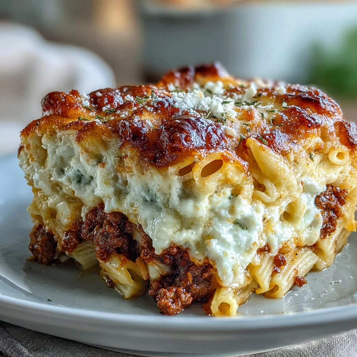 Fresh parsley garnish adds color to the Cottage Cheese Protein Pasta Bake with Ground Beef, ready to serve.