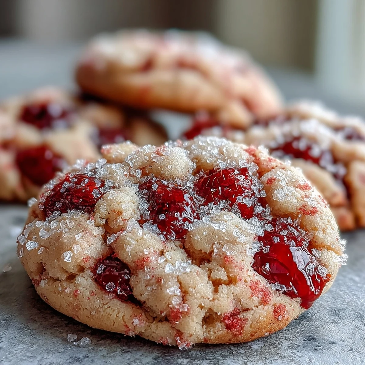 Freshly baked Soft Chewy Raspberry Sugar Cookies with a sparkling sugar crust and jammy berry bursts on a white plate.