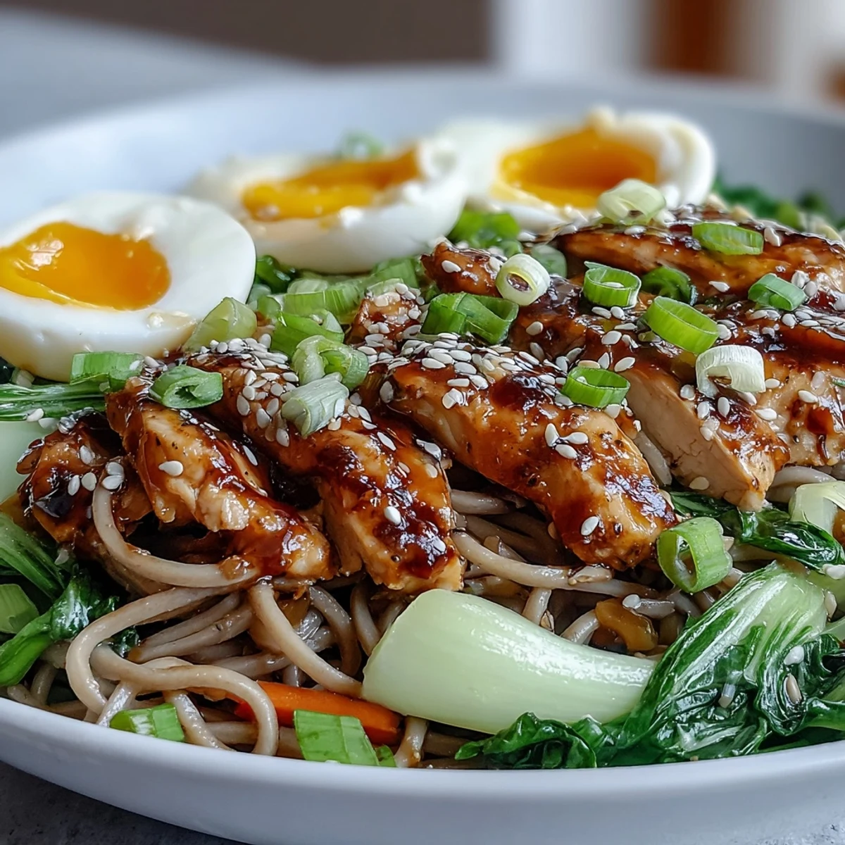 A steaming bowl of Healthy Miso Chicken Noodle Bowls features sliced chicken, chewy soba, and vibrant veggies in a savory broth.
