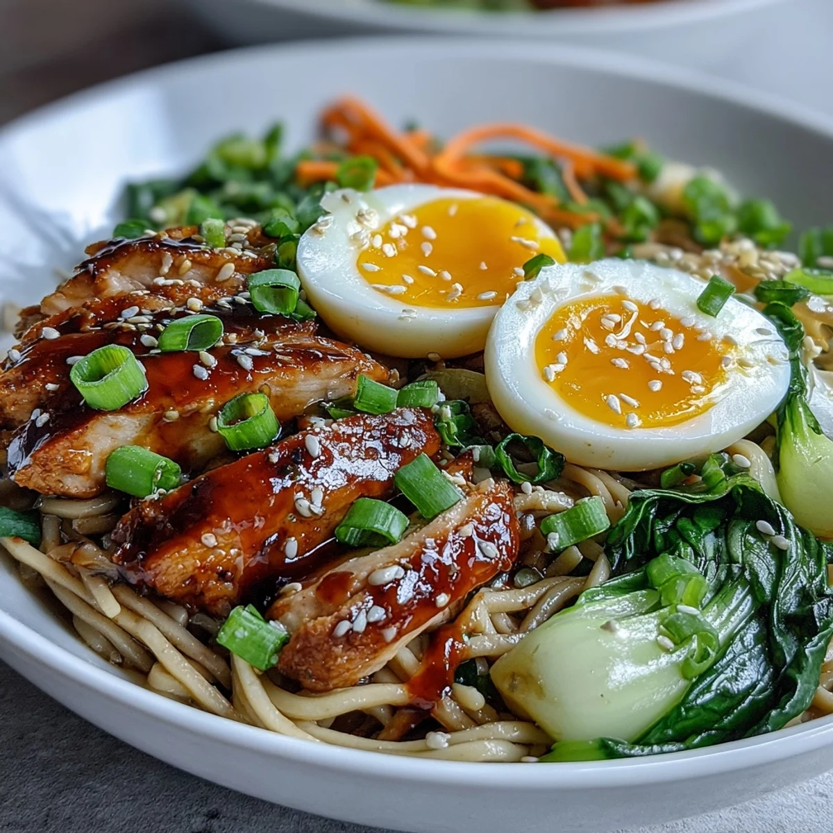 Close-up of Healthy Miso Chicken Noodle Bowls showing bok choy and nori strips in umami-rich broth next to chopsticks.