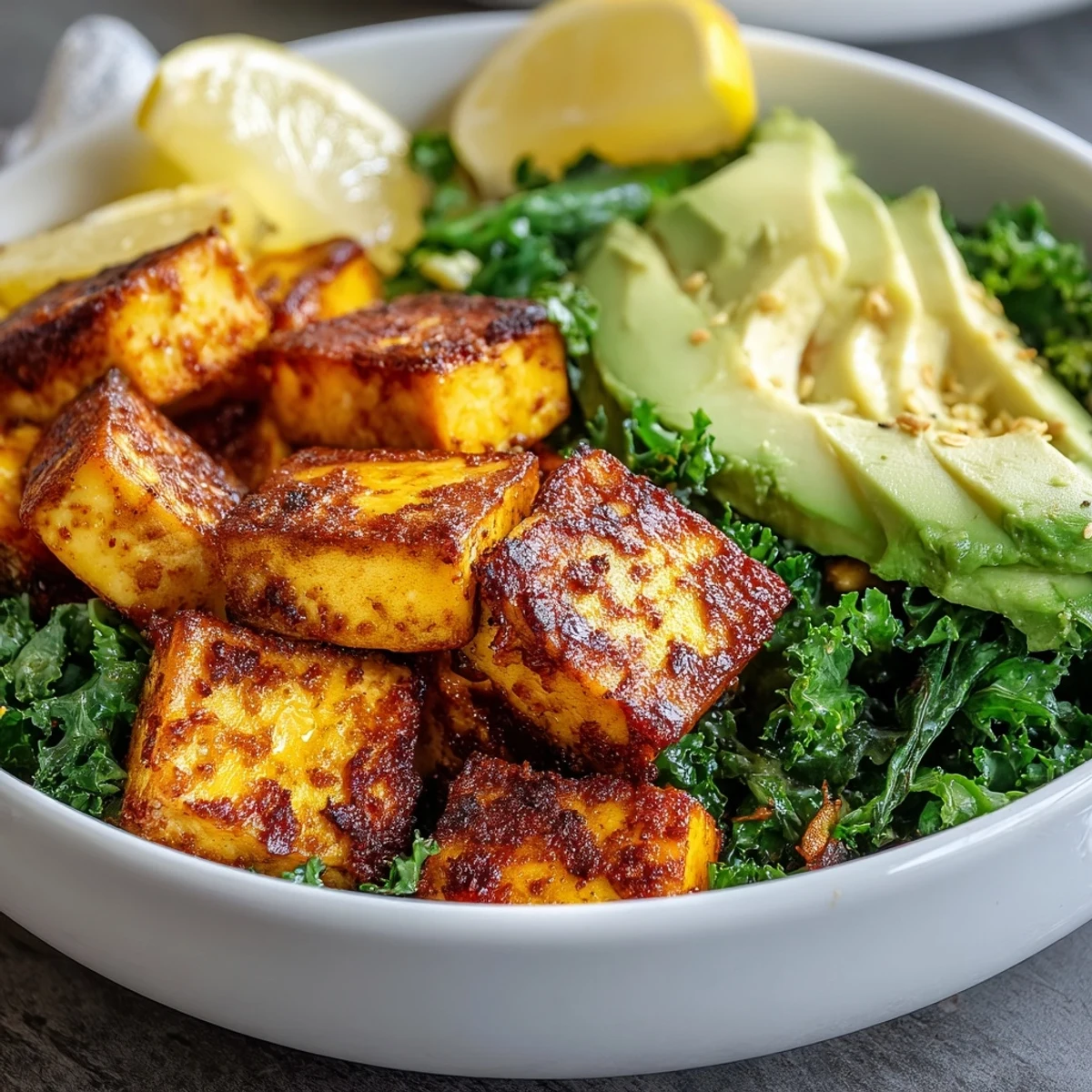 Savory spiced tofu and bright green kale are served in this Tofu Breakfast Bowl alongside bright lemon wedges.