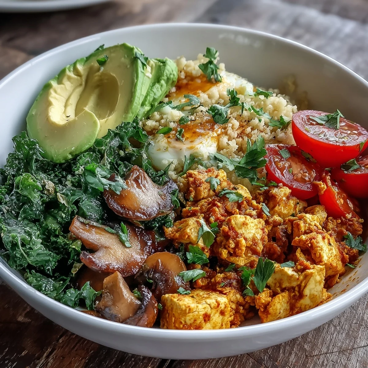 A close-up of a Scrambled Tofu Breakfast Bowl with golden tofu, sautéed kale, and mushrooms over couscous.