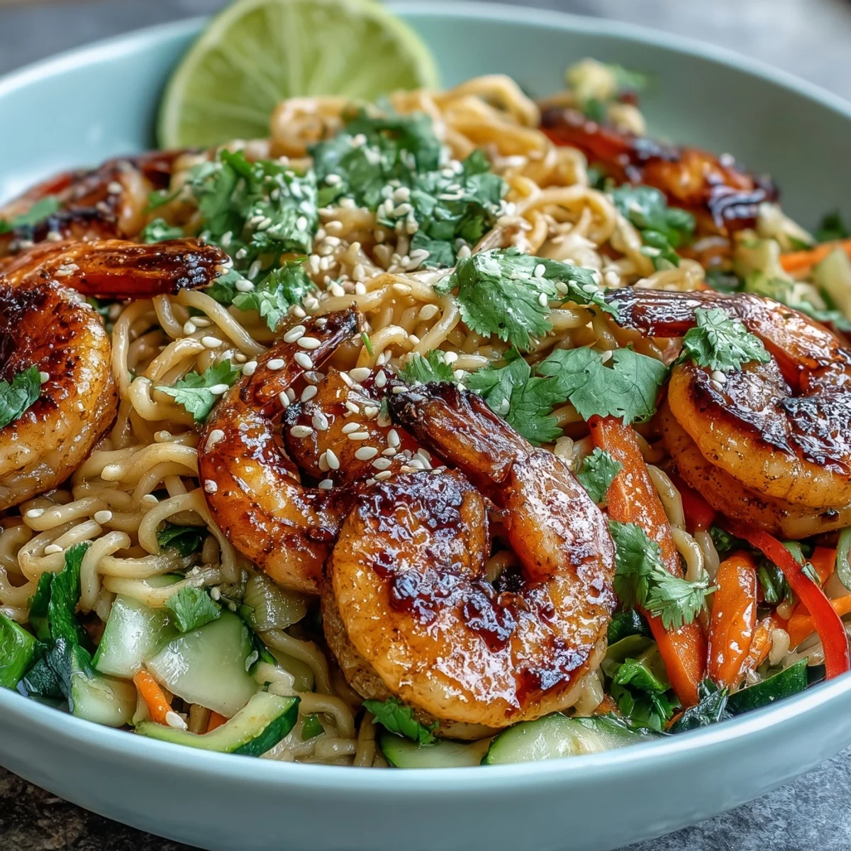 A top-down view of 15-Minute Asian Noodle Bowl With Grilled Shrimp, showcasing vibrant julienned carrots, cucumbers, and fresh cilantro on a colorful platter.