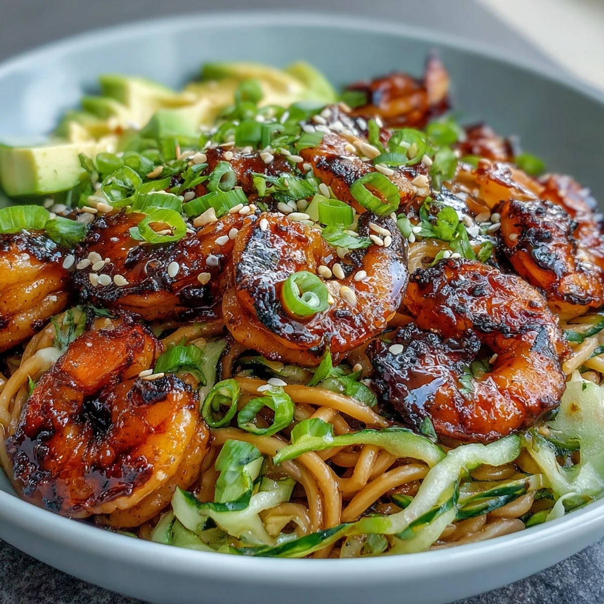 Colorful Grilled Shrimp Asian Noodle Bowl topped with crisp cucumber, fresh sprouts, creamy avocado, and peanuts.