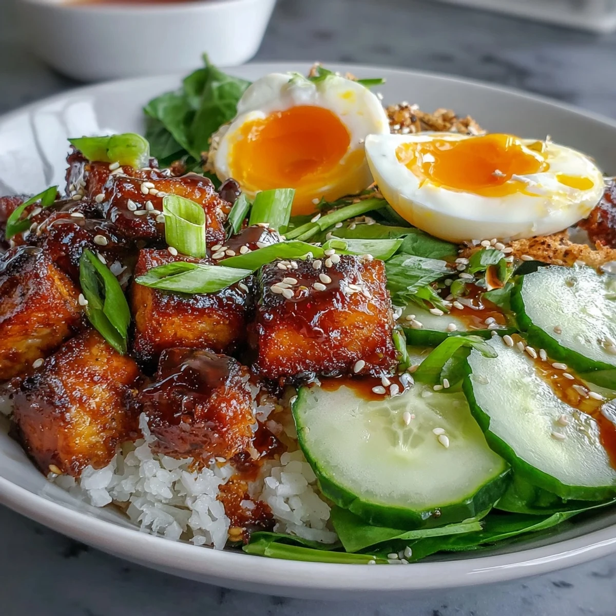 Tofu Jammy Egg Breakfast Bowl with fluffy rice, crisp veggies, and creamy jammy eggs topped with sesame seeds.