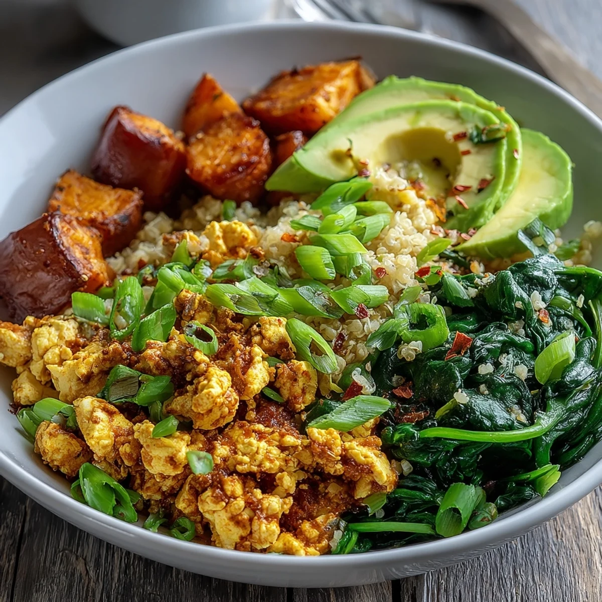 A nourishing bowl of Tofu Scramble Vegan Breakfast Bowl featuring colorful vegetables and spices, ready to serve for breakfast.