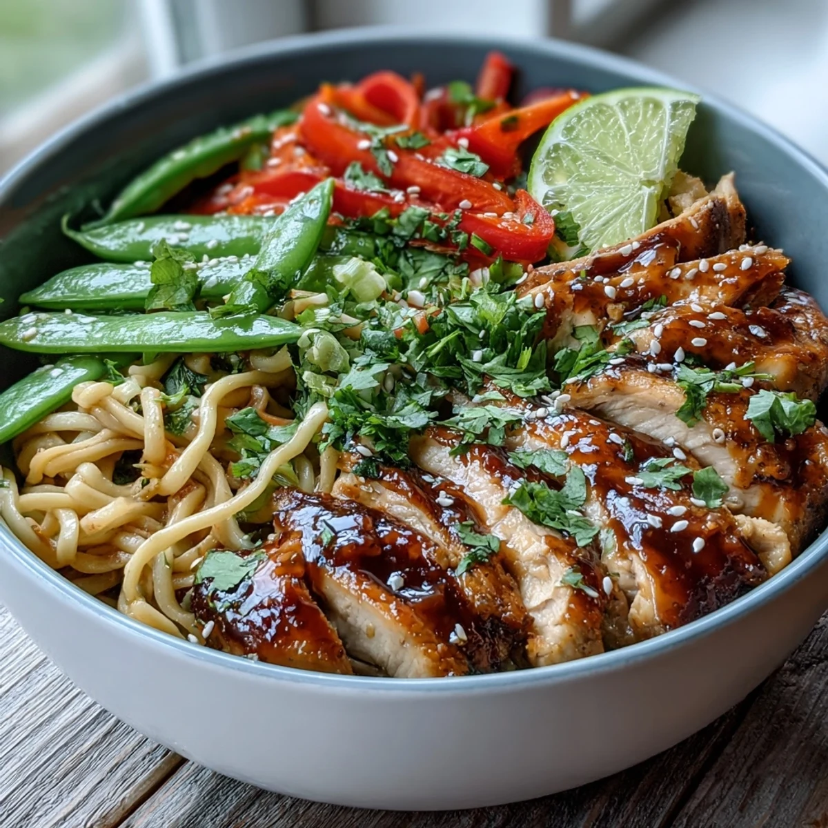 Golden-brown sesame chicken slices and crisp vegetables tossed with noodles in a glossy sweet-savory sauce, served in a ceramic bowl with lime wedges.