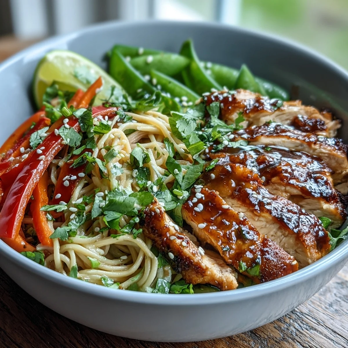 Quick weeknight Sesame Chicken Noodle Bowl with snap peas and julienned carrots, steam rising as the sauce clings to every strand of noodle.