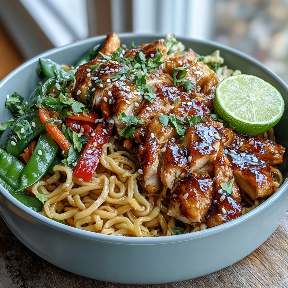 Tender chicken, udon noodles, and colorful peppers and carrots coated in a rich sesame-ginger sauce, garnished with toasted sesame seeds and fresh cilantro.