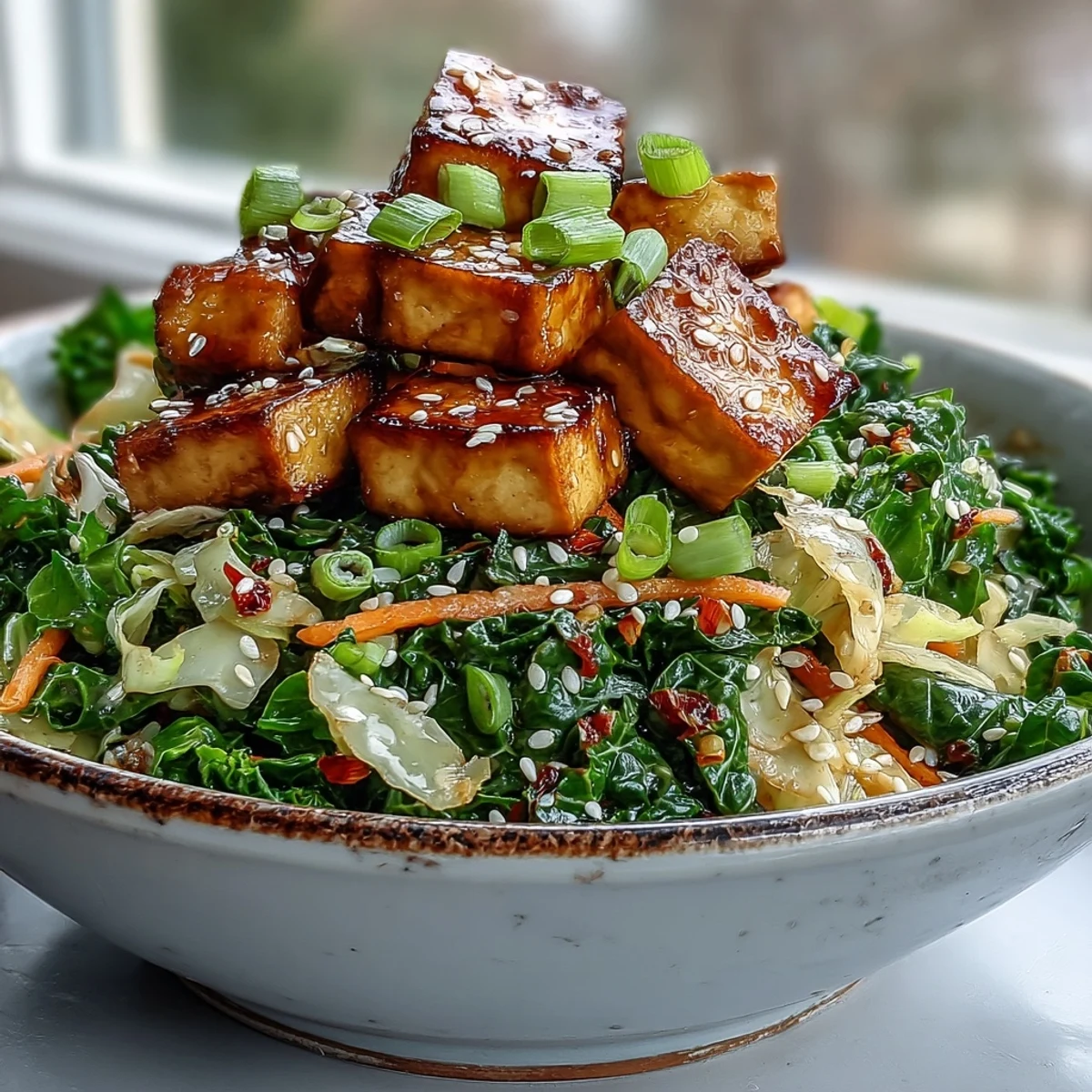Golden pan-fried tofu cubes tossed with crisp cabbage, kale, and carrots in a savory umami sauce for a Tofu Egg Roll in a Bowl. 
