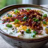 Steaming bowl of Loaded Potato Soup, featuring velvety russet potatoes, sharp cheddar cheese, and a garnish of bacon and scallions, ready to be enjoyed.