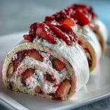 Freshly assembled Strawberry Shortcake Sushi Roll log resting on parchment, ready to slice into elegant pinwheels.