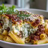 Hearty Cottage Cheese Protein Pasta Bake with Ground Beef features penne nestled in a rich tomato meat sauce.