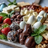 Festive spring charcuterie board featuring cured meats, fresh vegetables, and sweet Easter-themed treats in charming mini baskets.