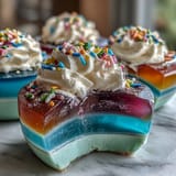 Vibrant rainbow Jello cups layered with fruity gelatin, topped with whipped cream and colorful sprinkles, perfect for kids' parties.