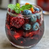 A close-up of refreshing iced hibiscus berry tea with colorful fruit garnishes.
