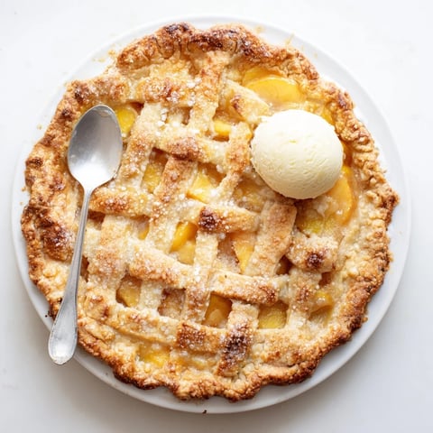 Freshly baked Peach Pie with a golden, flaky crust and bubbling sweet peach filling, served warm.