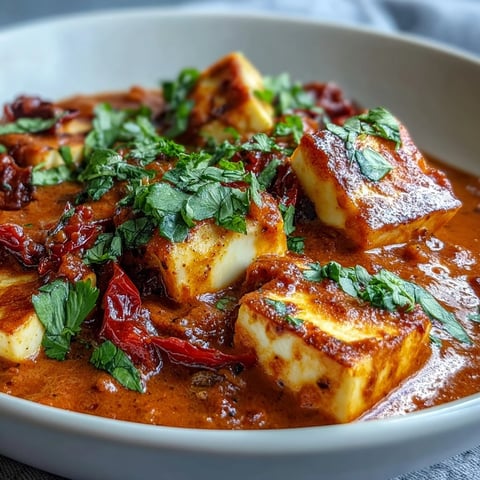 Golden cubes of halloumi sit in a rich, creamy tomato coconut curry, garnished with fresh cilantro and lemon wedges.