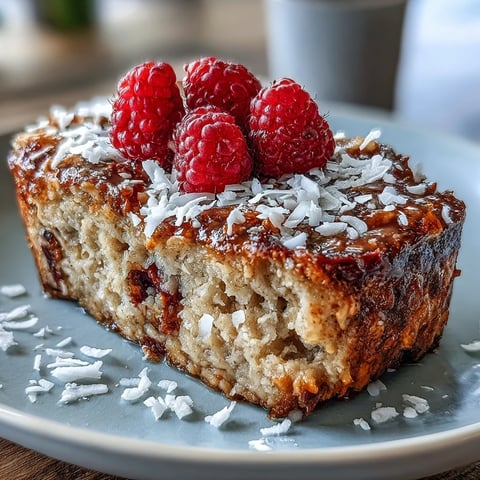 Golden-brown Baked Oatmeal with Raspberry and Coconut topped with fresh berries, served warm on a rustic breakfast table.