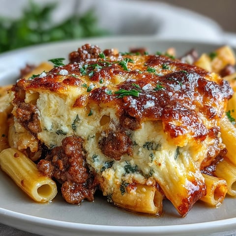 Golden, bubbling mozzarella tops the Cottage Cheese Protein Pasta Bake with Ground Beef, served in a white dish.