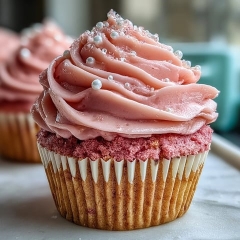 Freshly baked Pink Velvet Cupcakes topped with swirls of vanilla buttercream frosting and pastel sprinkles.
