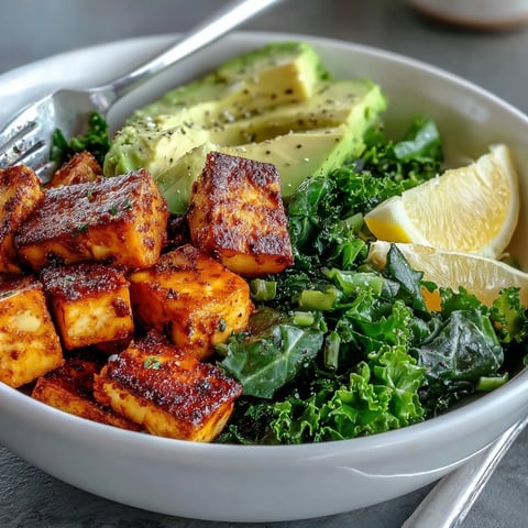 Golden tofu cubes and sautéed kale create a warm base for the Tofu Breakfast Bowl, topped with creamy avocado slices.