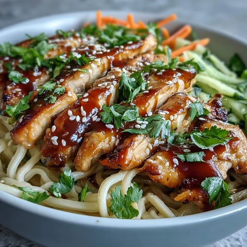 Bright bowl of Asian Chicken Noodle Bowl with tender chicken, crunchy carrots, cucumber, and fresh cilantro, topped with sesame seeds.