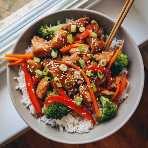 Close-up of homemade teriyaki chicken bowl featuring saucy chicken, colorful broccoli, bell peppers, and crisp snap peas served over white rice.