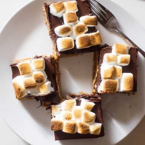 A close-up shows gooey S'mores Bars with a buttery graham cracker crust and melted semi-sweet chocolate.