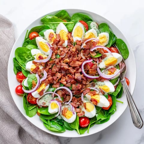 Bright baby spinach salad with crunchy bacon, halved cherry tomatoes, and red onion, drizzled with a zesty vinaigrette for a light dinner.