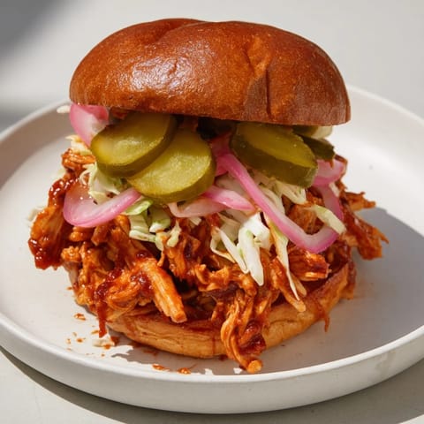 Freshly shredded slaw and tangy barbecue sauce top tender grilled chicken piled high on a soft bun.