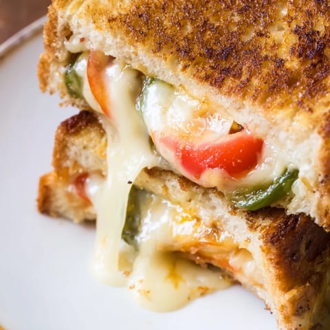 Pepper Jack & Tomato Grilled Cheese beside a bowl of creamy tomato soup, perfect for a comforting lunch.