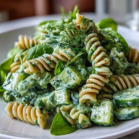 Creamy Green Goddess Pasta Salad, a vibrant dish brimming with fresh herbs and cool cucumber.