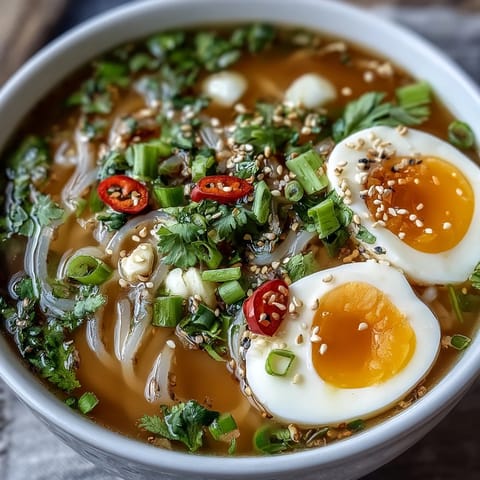 Soft-boiled eggs and sliced chili crown this warming Shirataki Noodles With Broth, served steaming in a ceramic bowl.