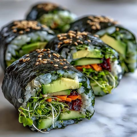 Fresh Nori Rolls with Vegetables, featuring creamy avocado, crisp cucumber, and crunchy sprouts, served on a bamboo mat.