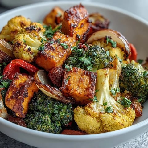 Golden turmeric roasted vegetables in a warm oven-baked dish, featuring tender cauliflower, broccoli, and sweet potato for a nourishing vegan side.  