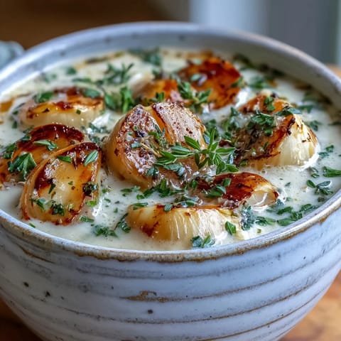 Golden-brown roasted garlic and herb soup in a rustic bowl topped with fresh chives, served alongside crusty bread.
