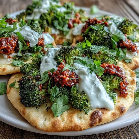 Spicy roasted harissa broccoli piled on warm flatbreads with lemon wedges and cilantro for a quick vegetarian meal.