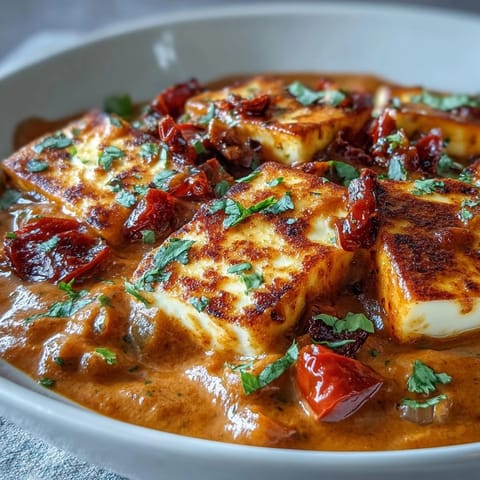 Steam rises from a bowl of creamy halloumi and tomato curry, paired with fluffy rice and a side of warm naan.