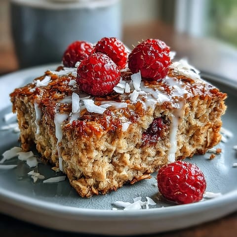 A hearty slice of Baked Oatmeal with Raspberry and Coconut drizzled with maple syrup, ready to enjoy with coffee.