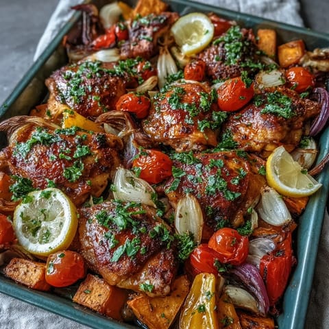 Bright red and yellow bell peppers with sweet onions and tomatoes fill this sizzling Chicken and Sweet Potato Traybake on a large baking sheet.