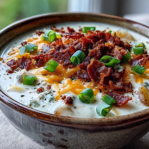 Steaming bowl of Loaded Potato Soup, featuring velvety russet potatoes, sharp cheddar cheese, and a garnish of bacon and scallions, ready to be enjoyed.