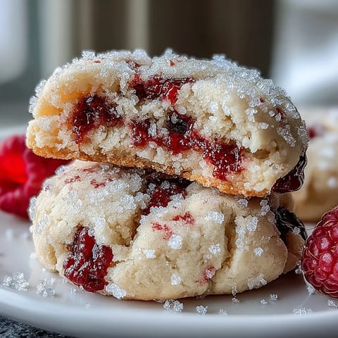 Warm Soft Chewy Raspberry Sugar Cookies are showcased with vibrant raspberries and a glass of milk on a rustic table.