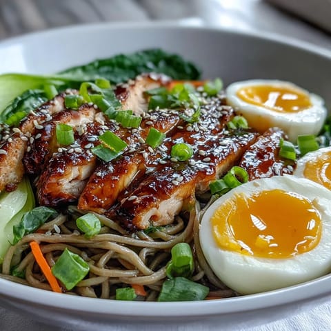 Savory Healthy Miso Chicken Noodle Bowls topped with soft-boiled egg halves, scallions, sesame seeds, and a drizzle of chili oil.