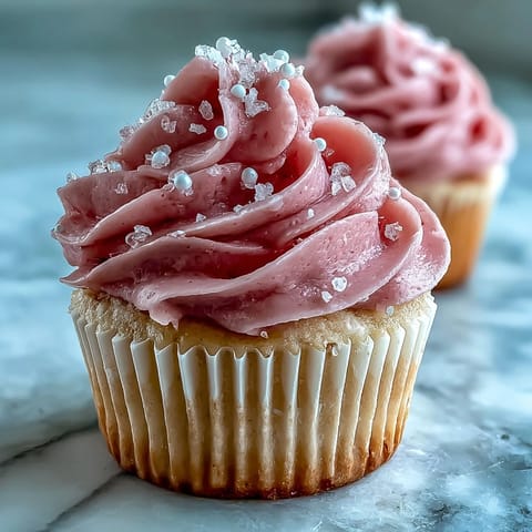 A close-up of Pink Velvet Cupcakes with creamy vanilla buttercream frosting and edible pearl decorations.