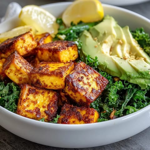 Savory spiced tofu and bright green kale are served in this Tofu Breakfast Bowl alongside bright lemon wedges.